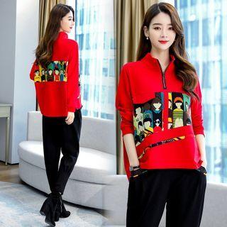 Cartoon Print Half-zip Pullover