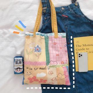 Cartoon Print Canvas Tote Bag Yellow & Pink - One Size