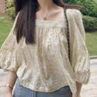 Chiffon Floral Square-neck 3/4-sleeve Cropped Shirt
