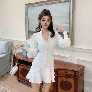 Long-sleeve Faux Pearl Mini A-line Dress