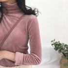 Velvet Turtle-neck Long-sleeve Slim-fit Top