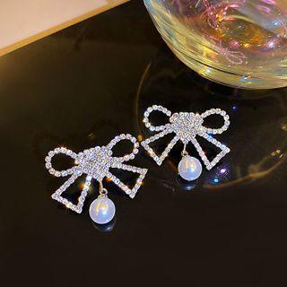 Rhinestone Ribbon Stud Earring 1 Pair - Silver Needle - Silver - One Size