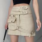 Strappy Pocket Detail Denim Mini Pencil Skirt