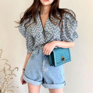 Elbow-sleeve Curve Striped Blouse As Shown In Figure - One Size