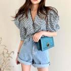 Elbow-sleeve Curve Striped Blouse As Shown In Figure - One Size