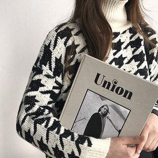 High-neck Houndstooth Wool Blend Sweater