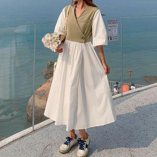 Elbow Sleeve V-neck Mock Two Piece Dress
