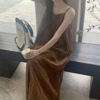 Spaghetti-strap Plaid Maxi Sundress Coffee - One Size