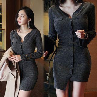 V-neck Asymmetric-hem Snap-button Dress