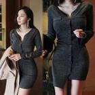 V-neck Asymmetric-hem Snap-button Dress