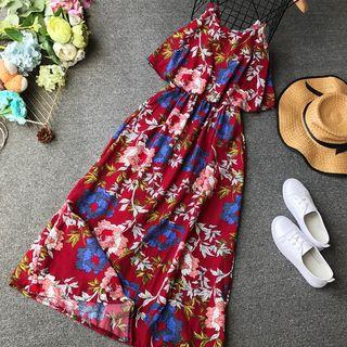 Cross Back Flower Print Spaghetti Strap Dress