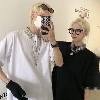 Couple Matching Short Sleeve Plaid Panel Polo Shirt