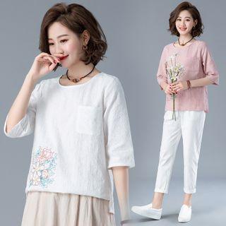 Embroidered Round-neck 3/4-sleeve T Shirt