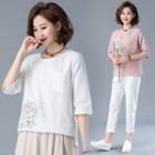 Embroidered Round-neck 3/4-sleeve T Shirt