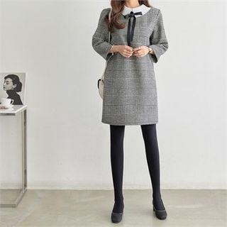 Pleated-collar Beribboned Glen-plaid Mini Dress