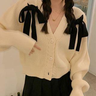 Long-sleeve V-neck Bow Knit Cardigan Cardigan - One Size