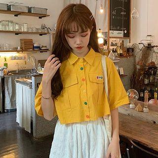 Color-block Button Short-sleeve Blouse
