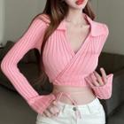 Ribbed Crop Polo Knit Top Pink - One Size