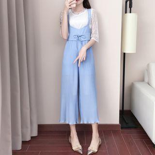 Set: Lace Elbow-sleeve Top + Cropped Wide-leg Jumper Pants