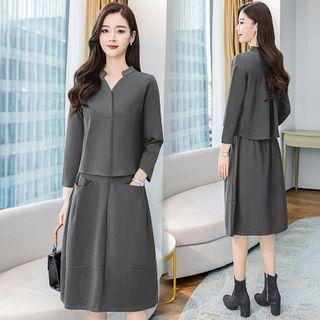 Set: Split-neck 3/4-sleeve Blouse + A-line Skirt