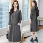 Set: Split-neck 3/4-sleeve Blouse + A-line Skirt