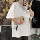Elbow-sleeve Bird Embroidered T-shirt