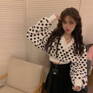 Heart Print Cropped V-neck Sweatshirt