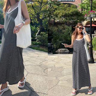 Ringer Sleeveless Stripe Maxi Dress Black - One Size