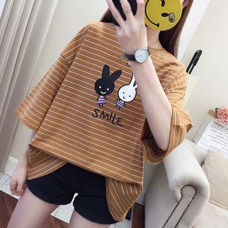 3/4-sleeve Cartoon Striped T-shirt