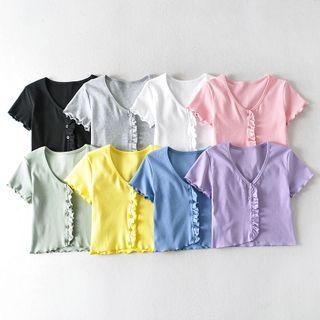 Ruffled Buttoned Short-sleeve Cropped Top