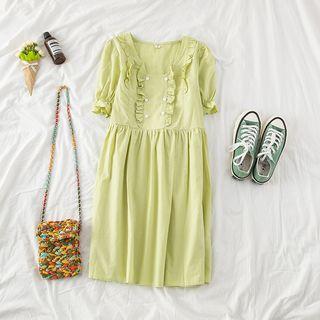 Buttoned Ruffled Short-sleeve Dress Light Green - One Size