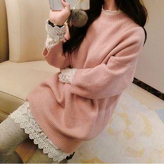 Long-sleeve Mock-neck Lace Long Top White - One Size