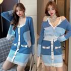 Set: Spaghetti Strap Color Block Mini Bodycon Dress + Cardigan Blue - One Size