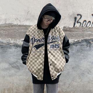 Checkerboard Panel Hooded Baseball Jacket