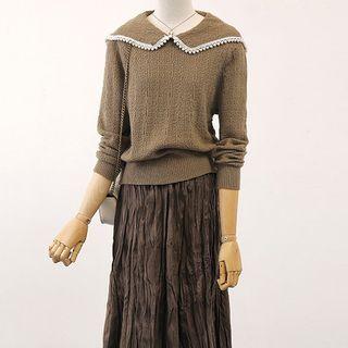 Collared Sweater / Crinkled Midi A-line Skirt / Set