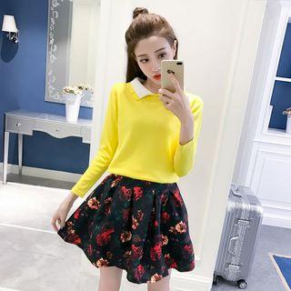 Set: Layered Collar Sweater + Floral Print A-line Skirt