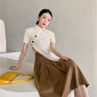 Short-sleeve Asymmetrical Polo Lace Top Almond - One Size