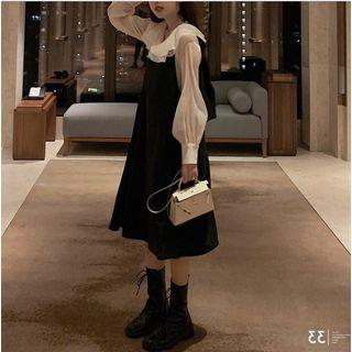 Layered Collar Blouse / Lace-up Back Pinafore Dress
