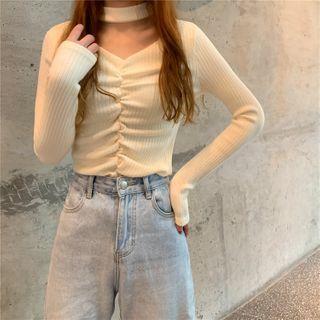 Choker-neck Shirred Knit Top