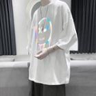 Elbow-sleeve Holographic Smiley Print T-shirt