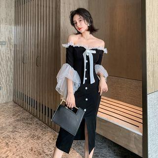 Off-shoulder Bow Accent 3/4-sleeve Midi Sheath Dress