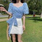 Balloon-sleeve Floral Embroidered Chiffon Blouse / A-line Lace Skirt