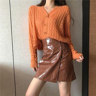Long-sleeve Cable Knit Top / Faux Leather A-line Skirt