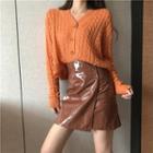 Long-sleeve Cable Knit Top / Faux Leather A-line Skirt