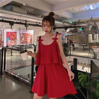 Ribbon-strap Sleeveless A-line Dress Red - One Size