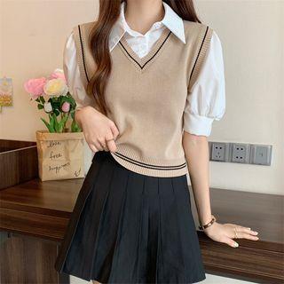 Puff-sleeve Mock Two-piece Color Block Shirt