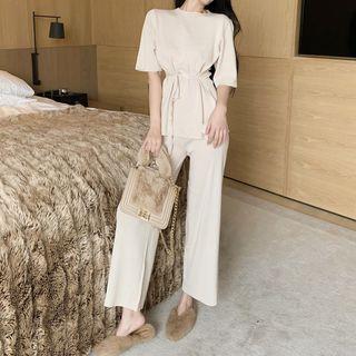Set: Short Sleeve Tie-waist Knit Top + Wide-leg Pants