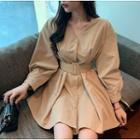 Plain V-neck Long-sleeve Dress Khaki - One Size
