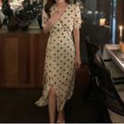 Elbow-sleeve Dotted Slit A-line Dress