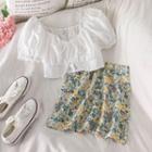 Lace-up Puff-sleeve Cropped Blouse / Floral Mini Straight-fit Skirt
